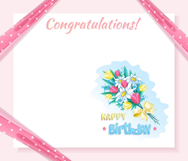 Tarjeta de felicitación para el cumpleaños con ramo de flores.