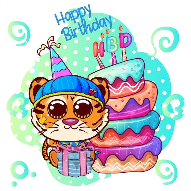 Vector tarjeta de felicitación de cumpleaños con tigre lindo - ilustración