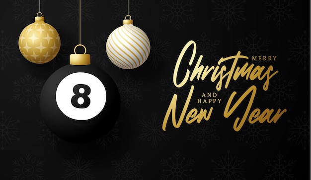 Tarjeta de felicitación de deportes de lujo de billar feliz Navidad y próspero año nuevo. Pool 8 ball como una bola de Navidad en el fondo. Ilustración vectorial.