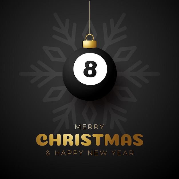 Tarjeta de felicitación de deportes de lujo de billar feliz Navidad y próspero año nuevo. Pool 8 ball como una bola de Navidad en el fondo. Ilustración vectorial.