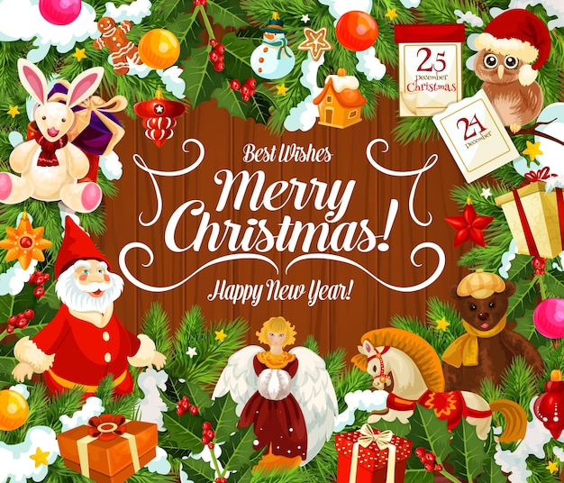 Tarjeta de felicitación con deseos y regalos de Feliz Navidad