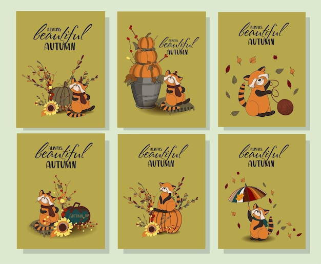 Vector tarjeta de felicitación del día de acción de gracias hola otoño conjunto de carteles de otoño colores acogedores panda rojo