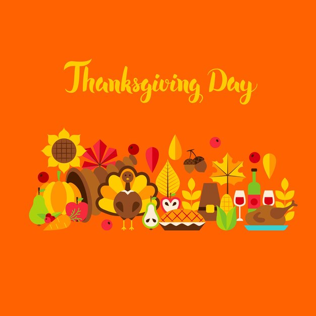 Tarjeta de felicitación del día de acción de gracias. Ilustración de vector. Concepto de vacaciones de otoño.