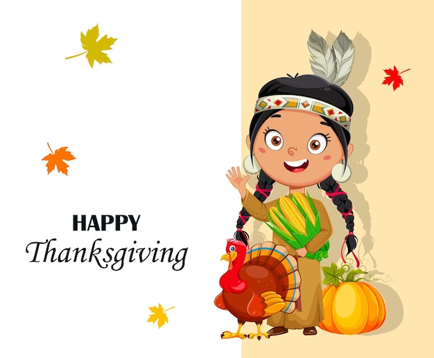 Tarjeta de felicitación del día de acción de gracias con niña india americana. Personaje de dibujos animados lindo. Ilustración vectorial de stock