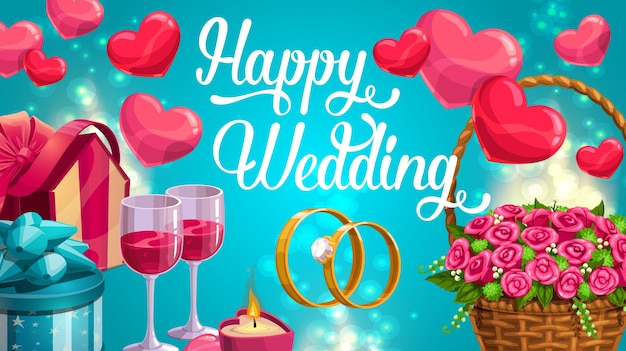Tarjeta de felicitación del día de la boda corazones símbolos de amor