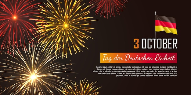 Tarjeta de felicitación del día de la independencia de Alemania Fuegos artificiales realistas y bandera ondeando Tag der Deutschen Einheit Inscripción en alemán Día de la unidad alemana Ilustración de vector de fiesta patriótica nacional