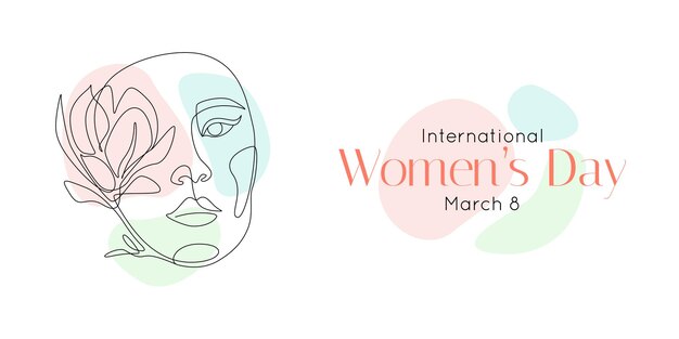 Tarjeta de felicitación del día internacional de la mujer. Cara de mujer con flor en un dibujo de línea continua. Retrato femenino abstracto en estilo lineal simple. Doodle ilustración vectorial para el 8 de marzo.