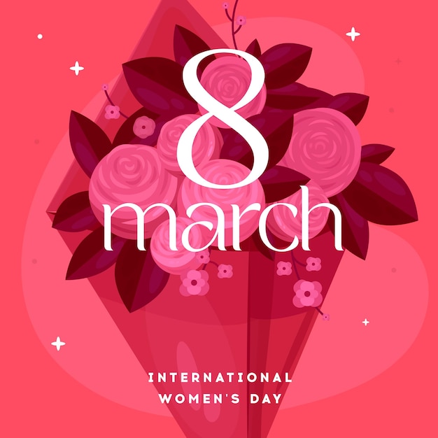 Tarjeta de felicitación del Día Internacional de la Mujer con ramo de flores en fondo rojo
