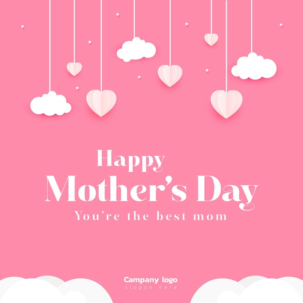 Tarjeta de felicitación del día de la madre banner vectorial y corazones de papel rosa volador banner de redes sociales