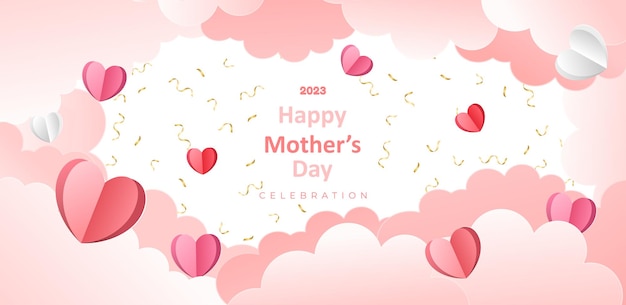 Tarjeta de felicitación del día de la madre con cinta dorada y corazones cortados en papel símbolos de amor sobre fondo blanco banner vectorial