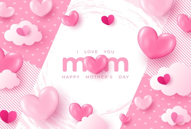Tarjeta de felicitación del Día de la Madre decorada con tipografía artística y hermosos corazones