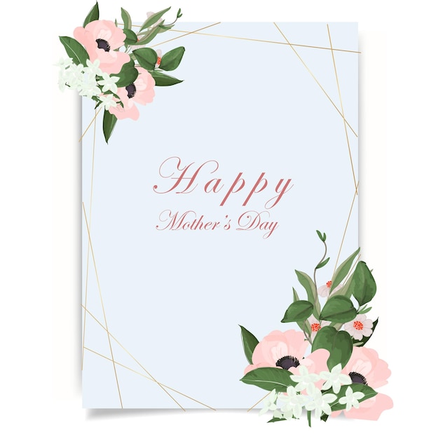 Vector tarjeta de felicitación del día de la madre feliz con flores brillantes, hojas verdes, corazones, etc.