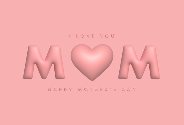 Tarjeta de felicitación para el día de la madre feliz Hermoso corazón rosa 3d y texto 3d Ilustración vectorial