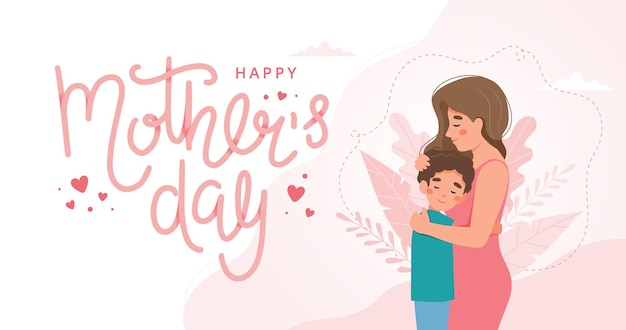 Tarjeta de felicitación del día de la madre. Madre e hijo abrazos y rotulación. concepto en estilo plano