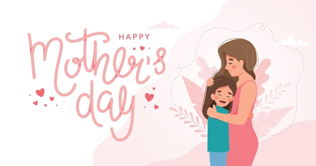 Tarjeta de felicitación del día de la madre. Madre e hijo abrazos y rotulación. concepto en estilo plano