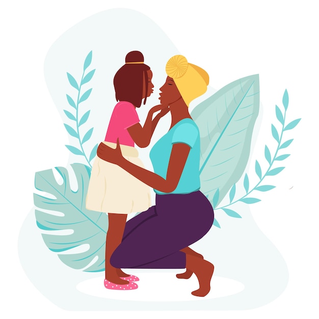 Vector tarjeta de felicitación del día de la madre. mujer negra con hija. ilustración vectorial