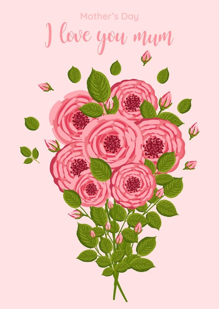 Vector tarjeta de felicitación del día de la madre ramo de rosas rosadas con hojas verdes ilustración de vector botánico