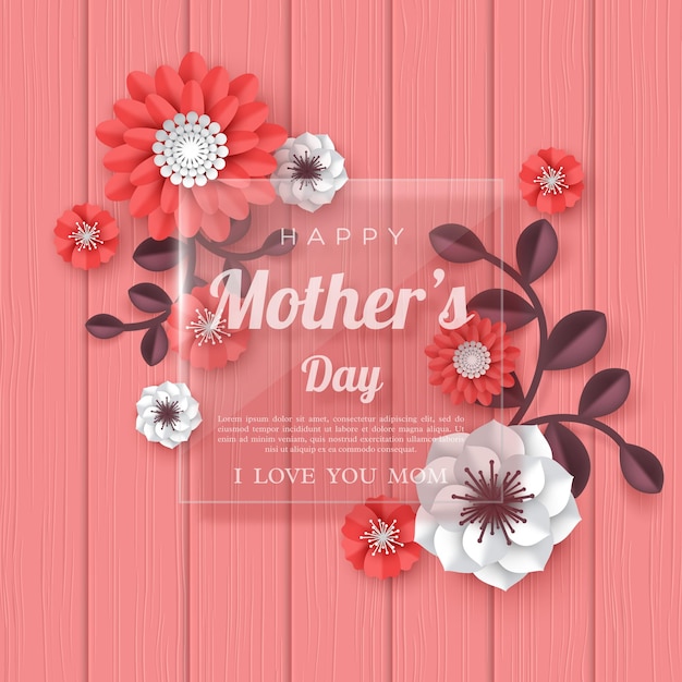 Tarjeta de felicitación del día de las madres felices. Flores de corte de papel 3d con marco transparente de vidrio