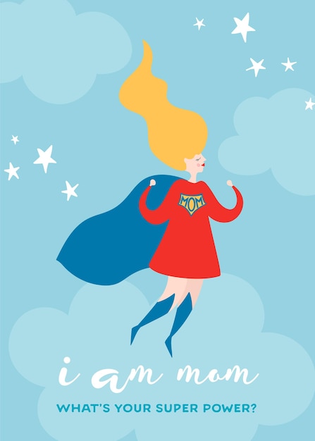 Tarjeta de felicitación del día de las madres con super mom. personaje de madre superhéroe en diseño de capa roja para cartel del día de la madre, pancarta, fondo. ilustración de dibujos animados plano de vector