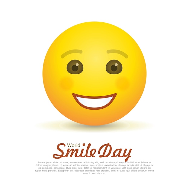 Tarjeta de felicitación del día mundial de la sonrisa con emoticon feliz Día internacional de la felicidad y vacaciones divertidas Emoji de sonrisa feliz y letras sobre fondo blanco Ilustración de vector de evento positivo mundial