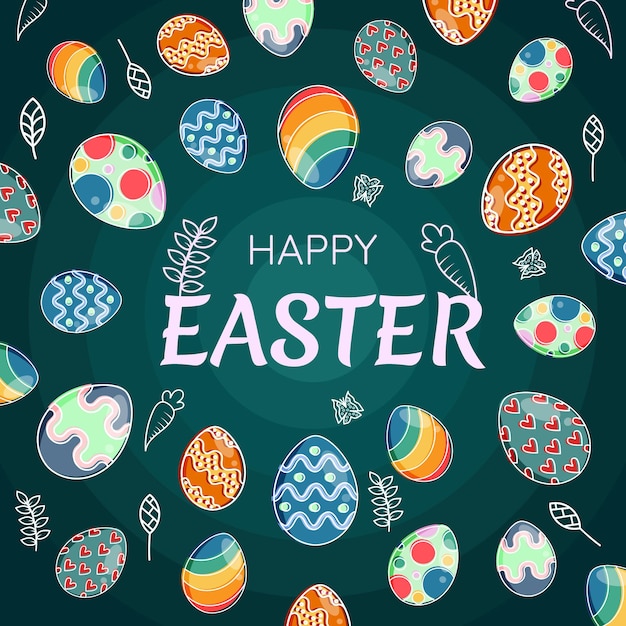 Vector tarjeta de felicitación del día de pascua con coloridos huevos de pascua y elementos