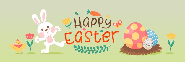 Tarjeta de felicitación del día de Pascua con pollito de conejo blanco y huevos de Pascua ilustración vectorial