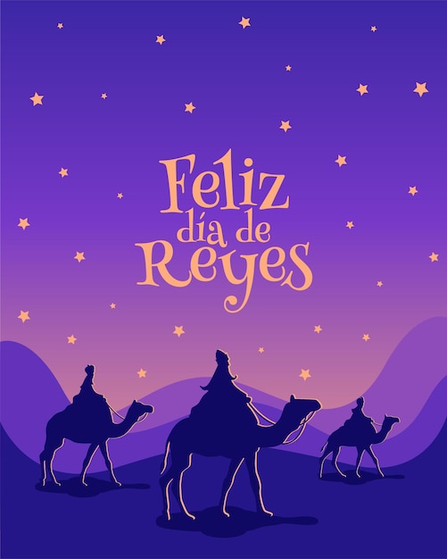 Tarjeta de felicitación del día de los Reyes Magos Reyes en el desierto