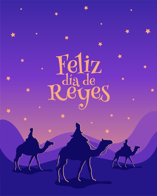 Tarjeta de felicitación del día de los reyes magos reyes en el desierto