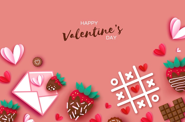 Tarjeta de felicitación del día de san valentín amor corazones de fresa y chocolate y hojas tropicales cortadas en papel