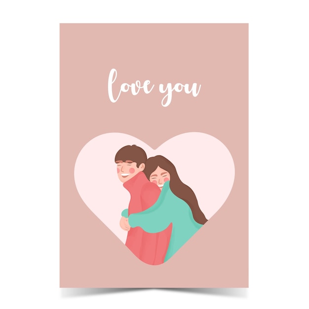 Tarjeta de felicitación del día de San Valentín. Amor pareja abrazos. Personajes enamorados. Dia blanco