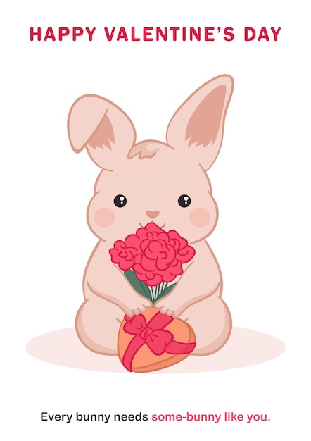 Tarjeta de felicitación del día de San Valentín con un conejo gordo y lindo sosteniendo una caja de regalos en forma de corazón y flores