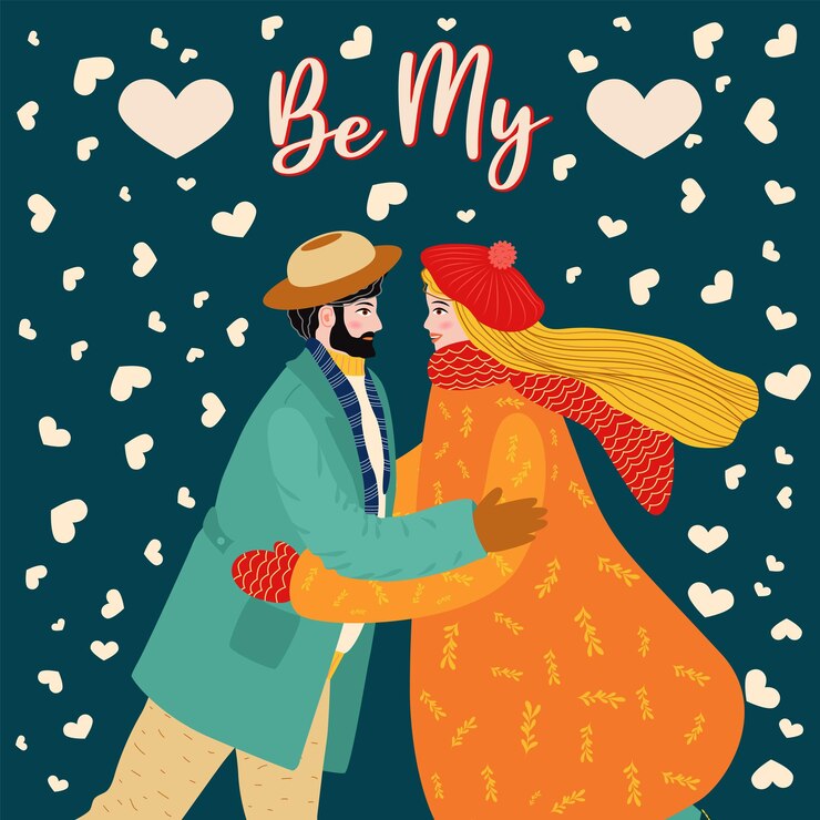 Vector tarjeta de felicitación del día de san valentín dibujada a mano plana pareja amorosa de hombre y mujer jóvenes