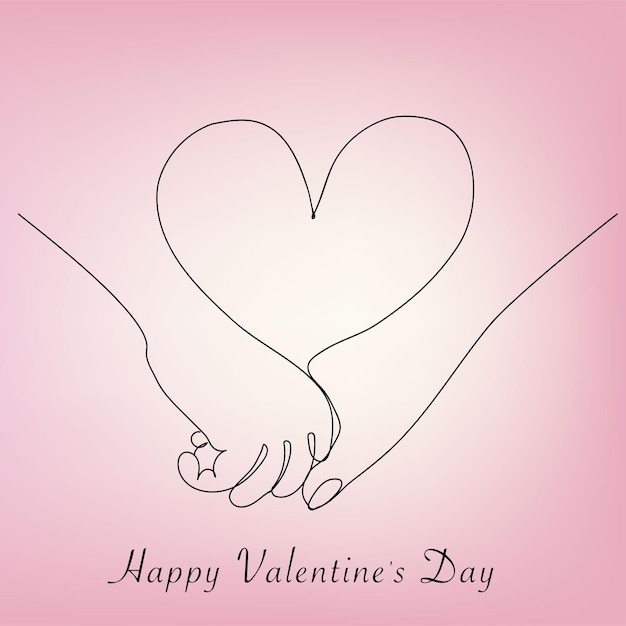 Tarjeta de felicitación del Día de San Valentín Dos manos y un corazón dibujado en una línea Aislado en un fondo rosa