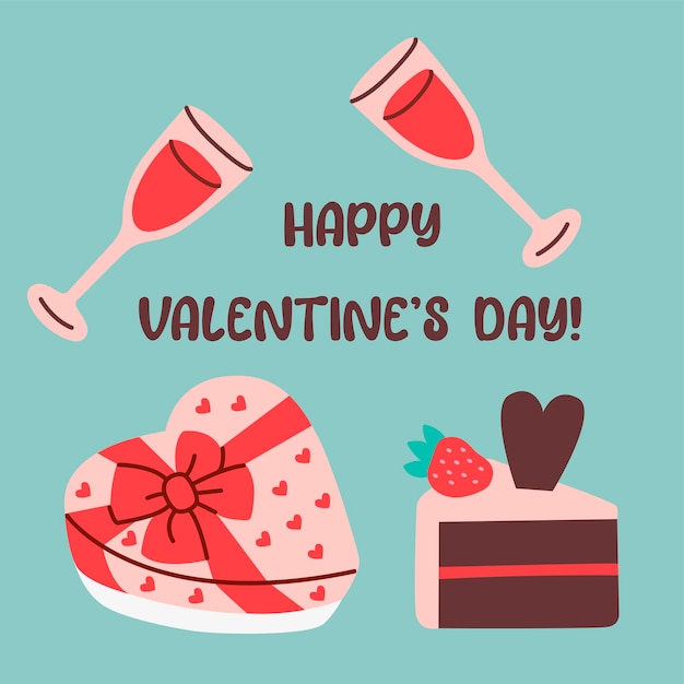 Tarjeta de felicitación del Día de San Valentín en estilo plano con copas de champaña caja de regalo en forma de corazón y pastel de chocolate con fresa Perfecto para diseños y celebraciones románticas de vacaciones