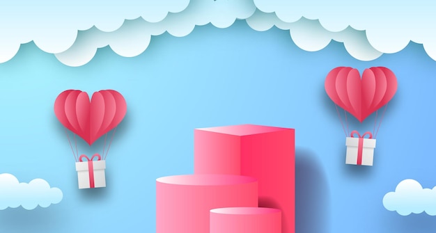 Tarjeta de felicitación del día de san valentín de exhibición de producto de escenario 3d con fondo de cielo azul e ilustración de estilo de corte de papel de globo y nube