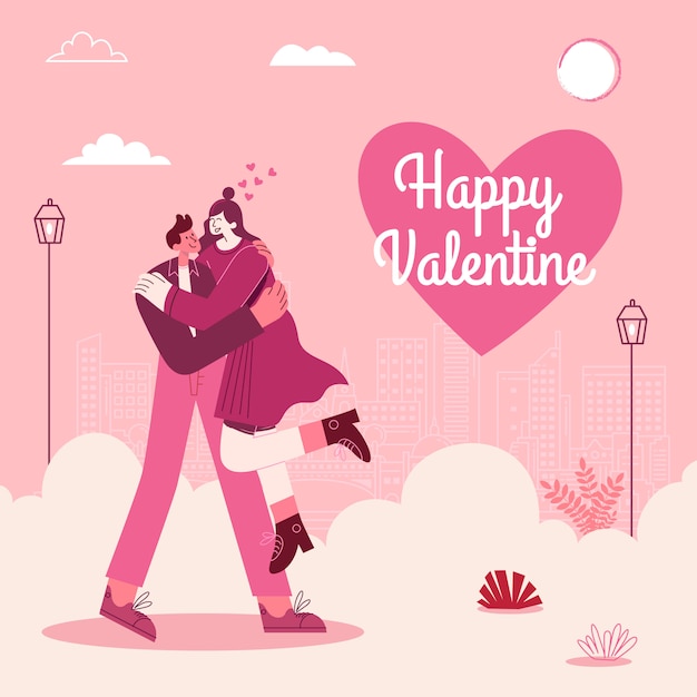 Tarjeta de felicitación del día de San Valentín. Hombre feliz llevando a su novia. Ilustración de vector de estilo plano moderno