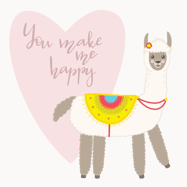 Tarjeta de felicitación del día de san valentín. Linda llama con elementos dibujados a mano. Me haces feliz.