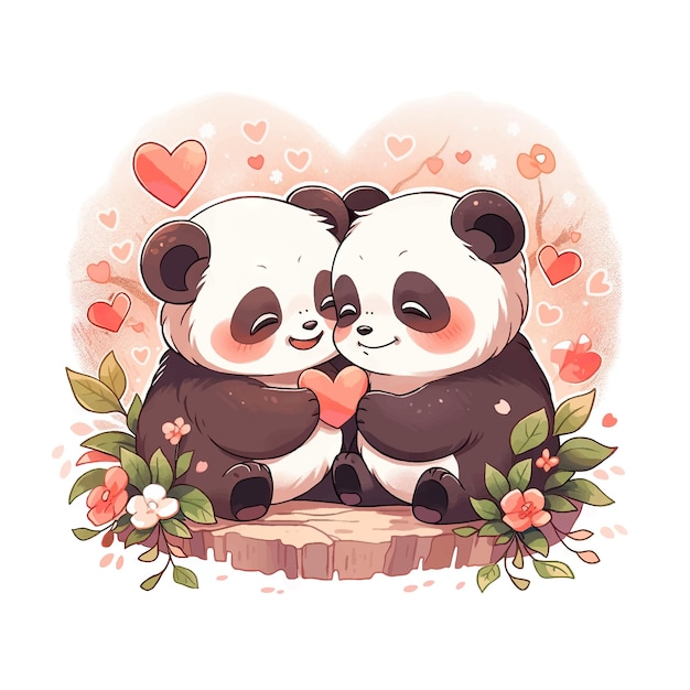 Tarjeta de felicitación para el día de San Valentín con lindos pandas y ilustraciones vectoriales de corazones