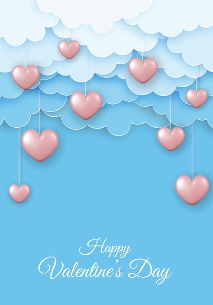 Tarjeta de felicitación del día de San Valentín Nubes de papel y corazones rosas 3d sobre fondo azul