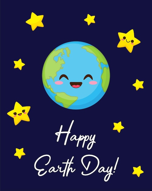 Tarjeta de felicitación del Día de la Tierra feliz Planeta lindo con cara divertida y personajes de estrellas en el espacio