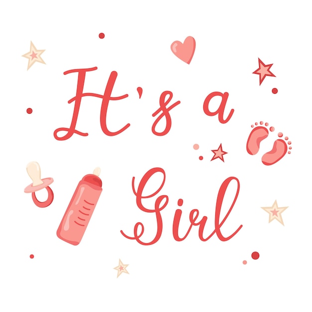 Tarjeta de felicitación dibujada a mano para el nacimiento de Girl Vector plantilla de tarjeta de invitación para la fiesta de género del bebé