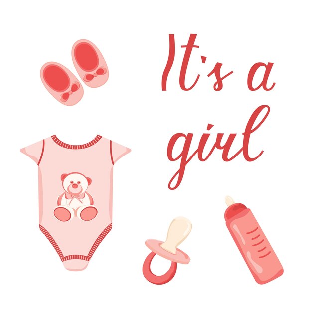 Tarjeta de felicitación dibujada a mano para el nacimiento de la niña Ilustración de color con ropa para recién nacidos en rosa