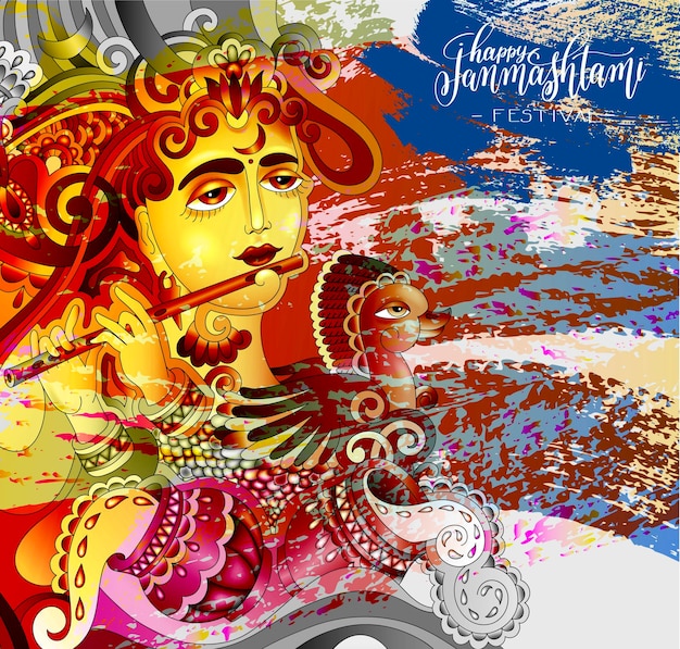 Tarjeta de felicitación de diseño de celebración feliz janmashtami con una foto de un krishna que