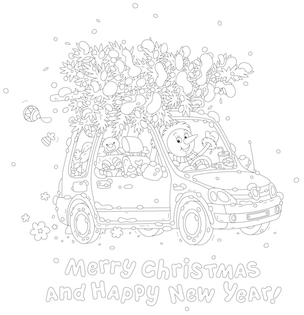 Vector tarjeta de felicitación con un divertido muñeco de nieve en un auto con un árbol de navidad cubierto de nieve, regalos navideños y dulces