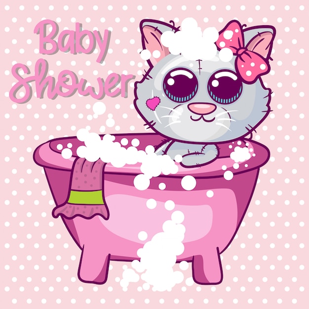 Tarjeta de felicitación de la ducha del bebé con la historieta linda de la muchacha del gatito