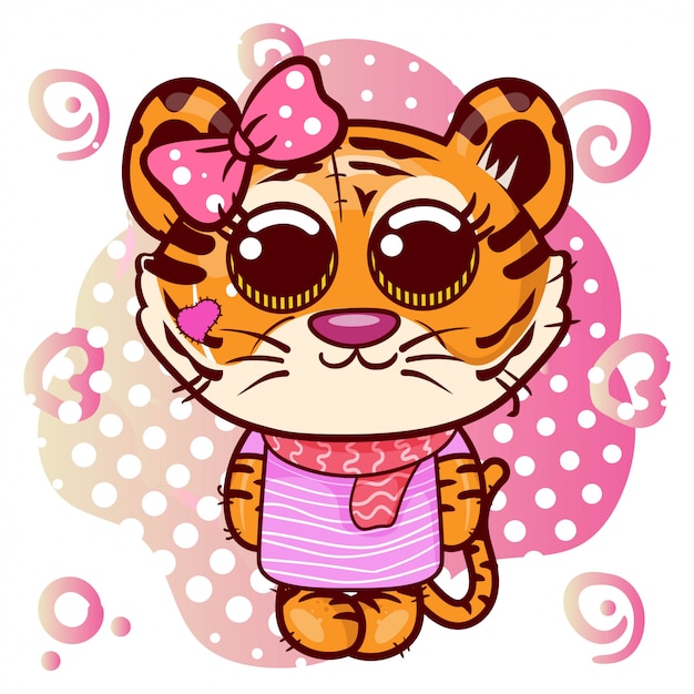 Vector tarjeta de felicitación de la ducha del bebé con la muchacha linda del tigre de la historieta