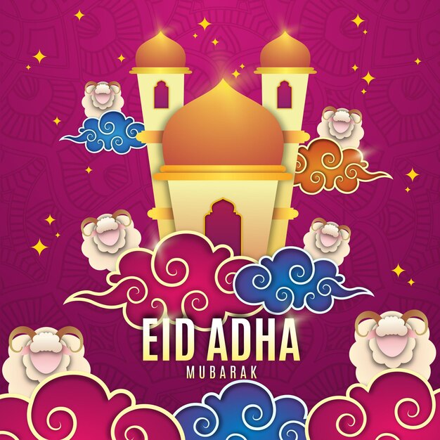 Tarjeta de felicitación de Eid al adha con nube y mezquita Eid adha con estilo papercut