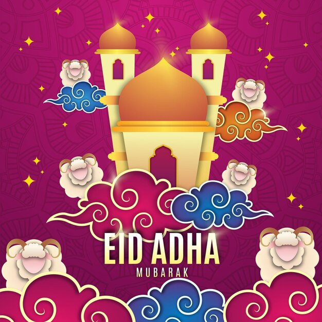 Tarjeta de felicitación de eid al adha con nube y mezquita eid adha con estilo papercut