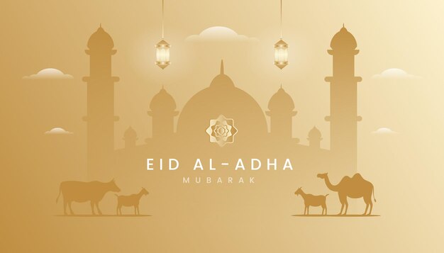 Tarjeta de felicitación de eid al adha con tema de color dorado degradado.