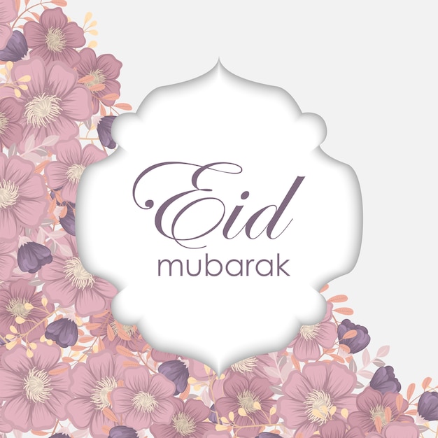 Tarjeta de felicitación Eid Mubarak con diseño floral.